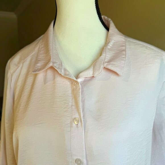 Reitmans pink partial sheer 3/4 length sleeved collared button feminine flowy - Picture 3 of 12